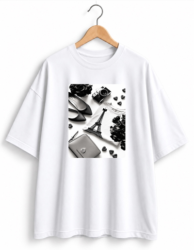 Remera Oversize Unisex Blanca Torre Eiffel   - Algodón Peinado 20.1 Talle Único M/L