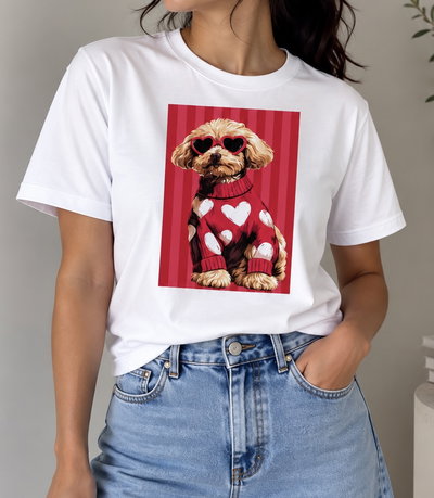 REMERA PERRITA CORAZONES ROJOS ALGODÓN PEINADO 24.1 -ESTAMPA DTF