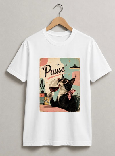 REMERA BLANCA PAUSE GATO ALGODÓN PEINADO 24 CON TAPA COSTURA - ESTAMPA DTF