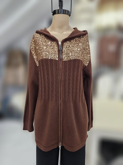 D50029 Saco capucha largo lentejuelas y nudos