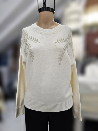 EXA25499 Sweater pecho mostacillas hojas