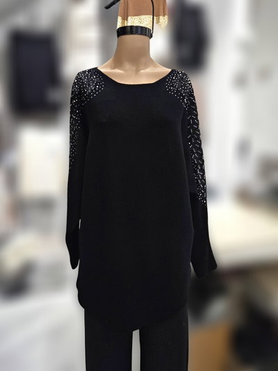 D50026 Sweater contrahilo manga bordado tachas