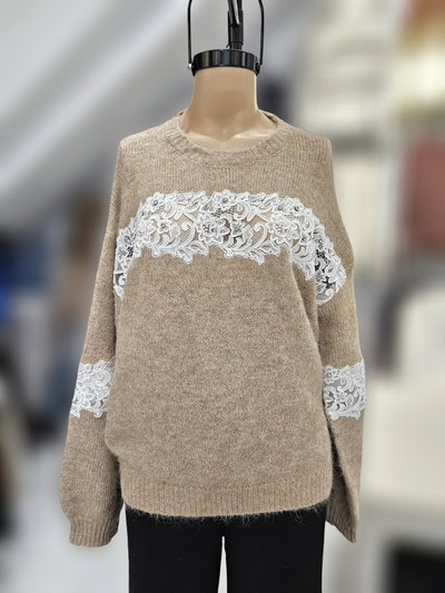 EXA70350 Sweater pecho transparente encaje y piedras