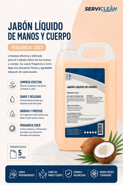Jabón Líquido para Manos y Cuerpo COCO 5 Litros