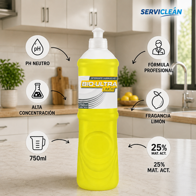 Detergente BIO-ULTRA Limón 750 ml – Lavavajillas Fórmula Profesional