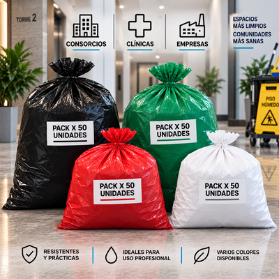 CONSULTAR BOLSAS RESIDUOS PACK X 50U NEGRAS, VERDES, ROJAS Y BLANCAS