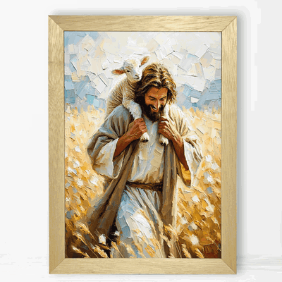 Jesús carga el cordero en el trigal - Cuadro Cristiano