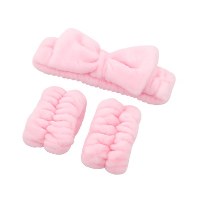Vincha Moño Con Muñequeras Kit Skincare 1 Par Felpa Suave Rosa