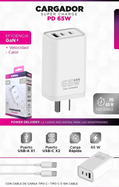 CARG.VIAJERO FC USB+PDx2 65W GaN TYPE- C a TYPE-C