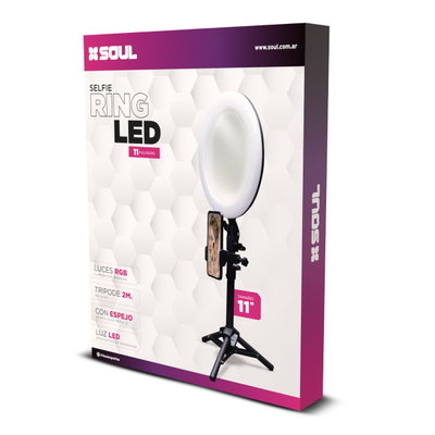 Aro de Luz Selfie Ring Soul LED 11" RGB con Trípode 2 Metros y Espejo