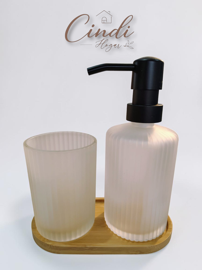 Set de baño vidrio SATINADO con bandeja bamboo
