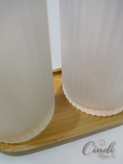 Set de baño vidrio SATINADO con bandeja bamboo