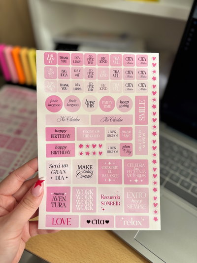 Plancha de stickers planner agenda rosa 