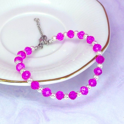 Pulsera Cristal de roca 6mm Fucsia translucido