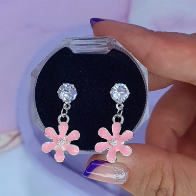 Aros pasante Flor rosa con cristal AB