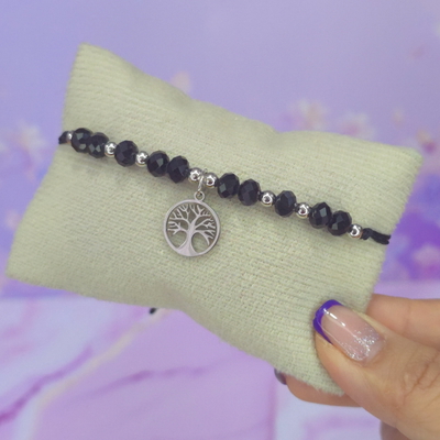 Pulsera regulable con dije acero cristales negros