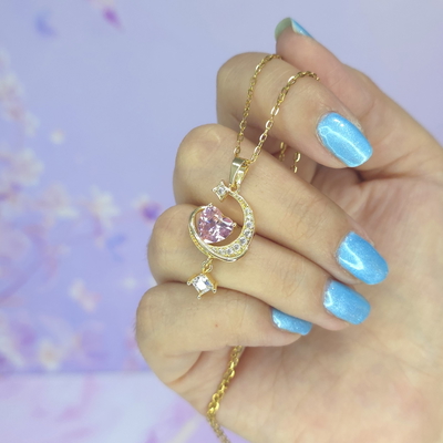 Collar Saturno Luna, corazon rosa AD
