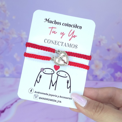 Pulseras rojas corazon mitades plat x2