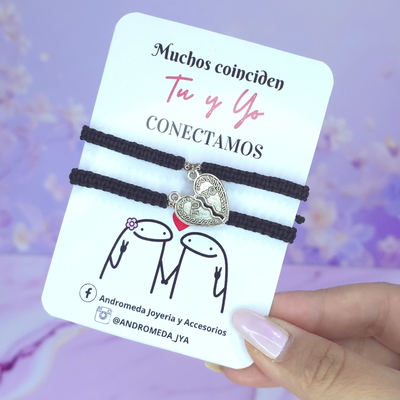 Pulseras Negras corazon mitades plat x2