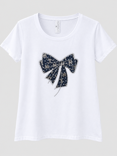 REMERA BLANCA MOÑO DE BRILLOS