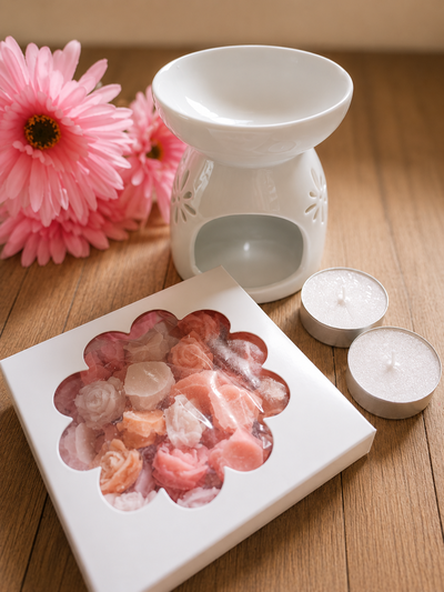Set de Wax Melts o Bombones Aromáticos Rosas + 1 Quemador + 2 Velitas