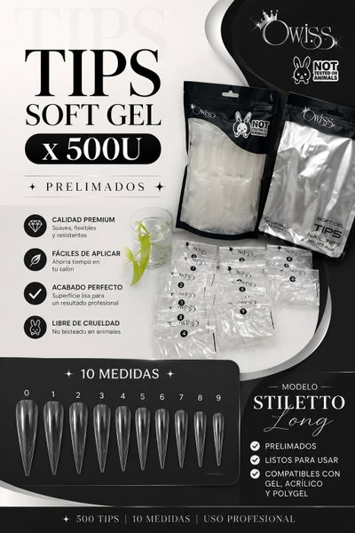 STILETTO LONG TIPS SOFT GEL PRELIMADOS X 500 - 10 MEDIDAS