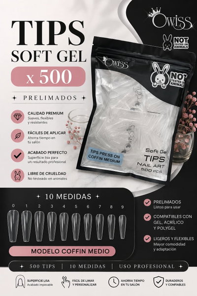 COFFIN MEDIUM TIPS SOFT GEL PRELIMADOS X 500 - 10 MEDIDAS
