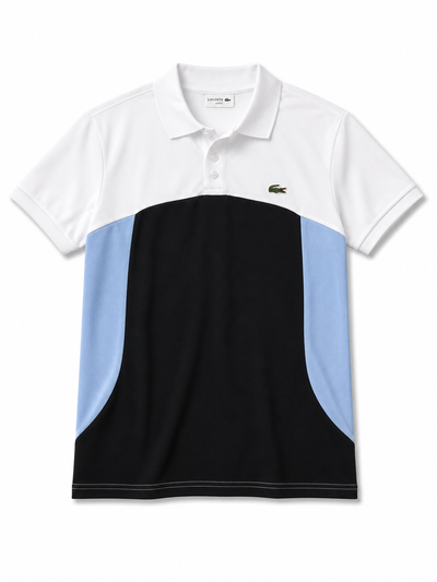 CHOMBA LACOSTE TRICOLOR Blanca, celeste y negro