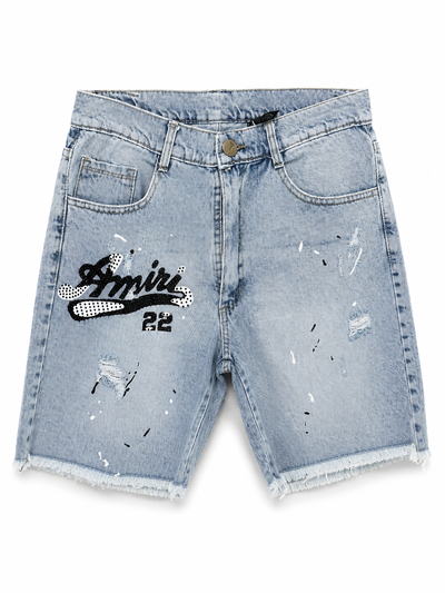 BERMUDA AMIRI MANCHAS Y STRASS CELESTE
