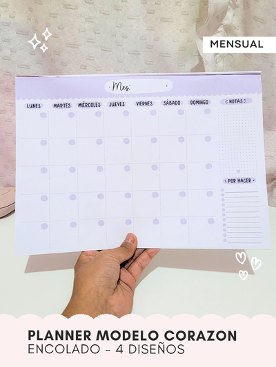PLANNER MENSUAL MODELO CORAZON - block encolado