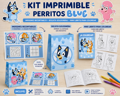 Kit Imprimible Perritos Bluey : Recortables, Bolsita Golosinera y Mini Librito colorear