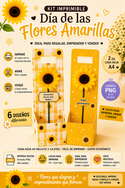 Kit Imprimible Día de las Flores Amarillas + BONUS 12  | 6 Cajitas PNG | Producto Digital