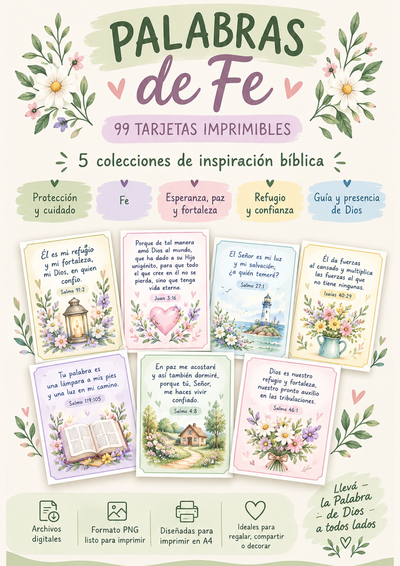 Palabras de Fe - 99 Tarjetas Imprimibles - 5 colecciones bíblicas - PNG A4
