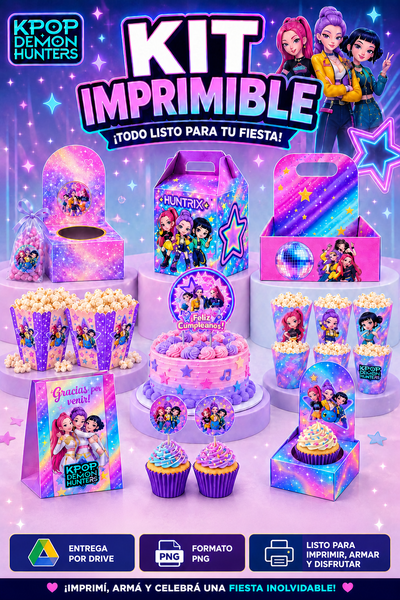 Kit Imprimible HUNTRIX para Cumpleaños | Decoración, Toppers y Juegos PNG