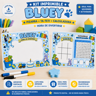 Kit Imprimible Bluey Pizarra Infantil + Ta Te Ti + Calculadora de Multiplicación