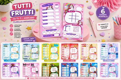 Pizarritas Imprimibles Tutti Frutti + Ta-Te-Ti + Ahorcado | 15 Diseños