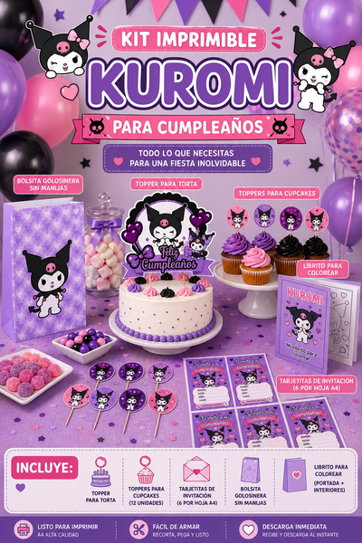 Kit Imprimible Kuromi para Cumpleaños | Invitaciones, Topper, Bolsita y Toppers