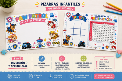 PIZARRA INFANTIL IMPRIMIBLE PAW PATROL + TATETÍ Y CALCULADORA DE MULTIPLICACIÓN