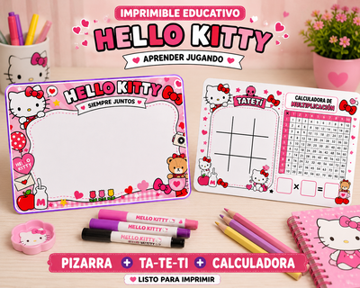 Kit Imprimible Hello Kitty para Niños | Pizarra, Ta-Te-Ti y Calculadora Matemática