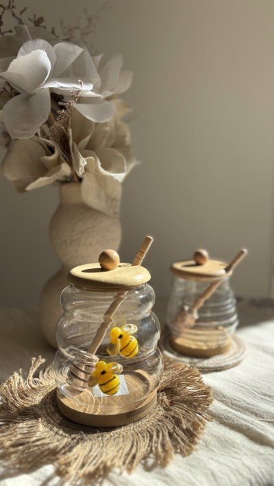Mieleras de vidrio con base de bambú 