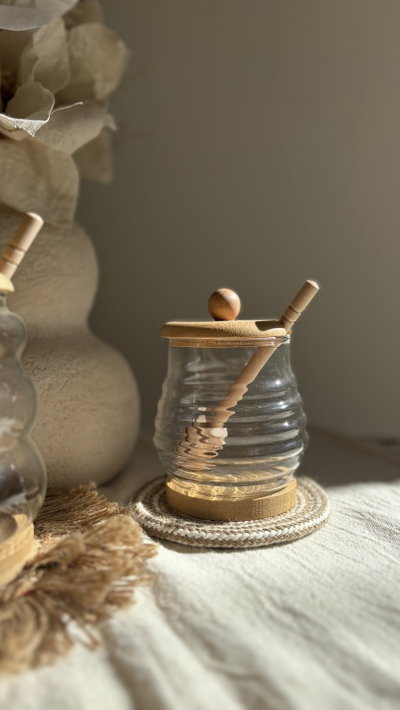 Mieleras de vidrio con base de bambú 