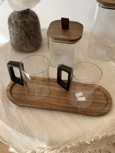 Tazas redondas con manija de madera. Set x2