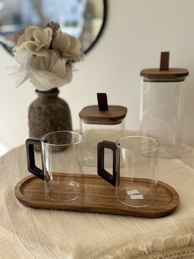 Tazas redondas con manija de madera. Set x2