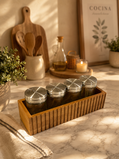 Especiero con base de madera