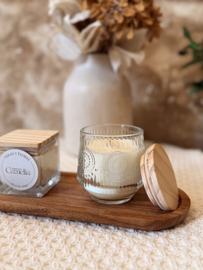 Vela ‘Mandala’ con tapa de madera 