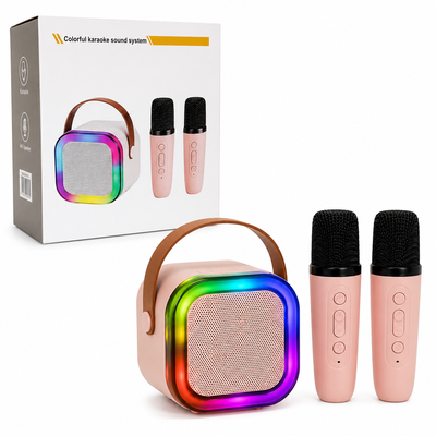 Parlante mini Karaoke con 2 micrófonos y luces LED