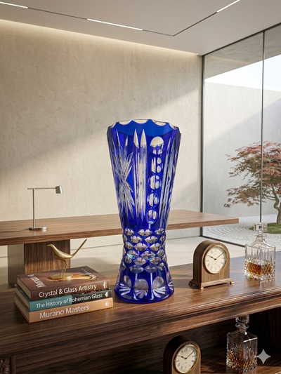 L14 - Florero Cristal Tallado Azul
