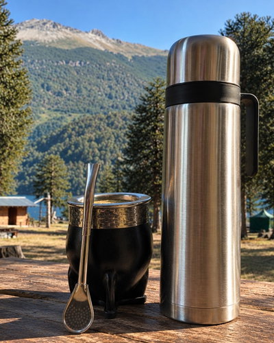 Combo matero: Mate Imperial de cuero y calabaza + Termo media manija de acero inoxidable