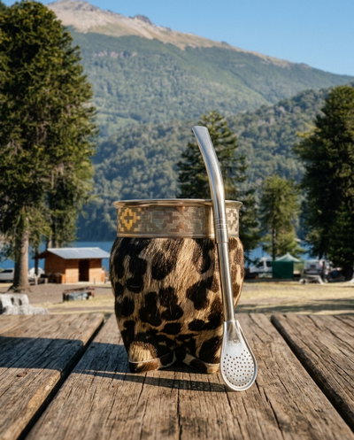 Mate Imperial de calabaza forrado en cuero animal print con virola de alpaca