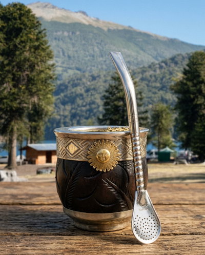 Mate Imperial Roma de calabaza y cuero repujado con virola de acero